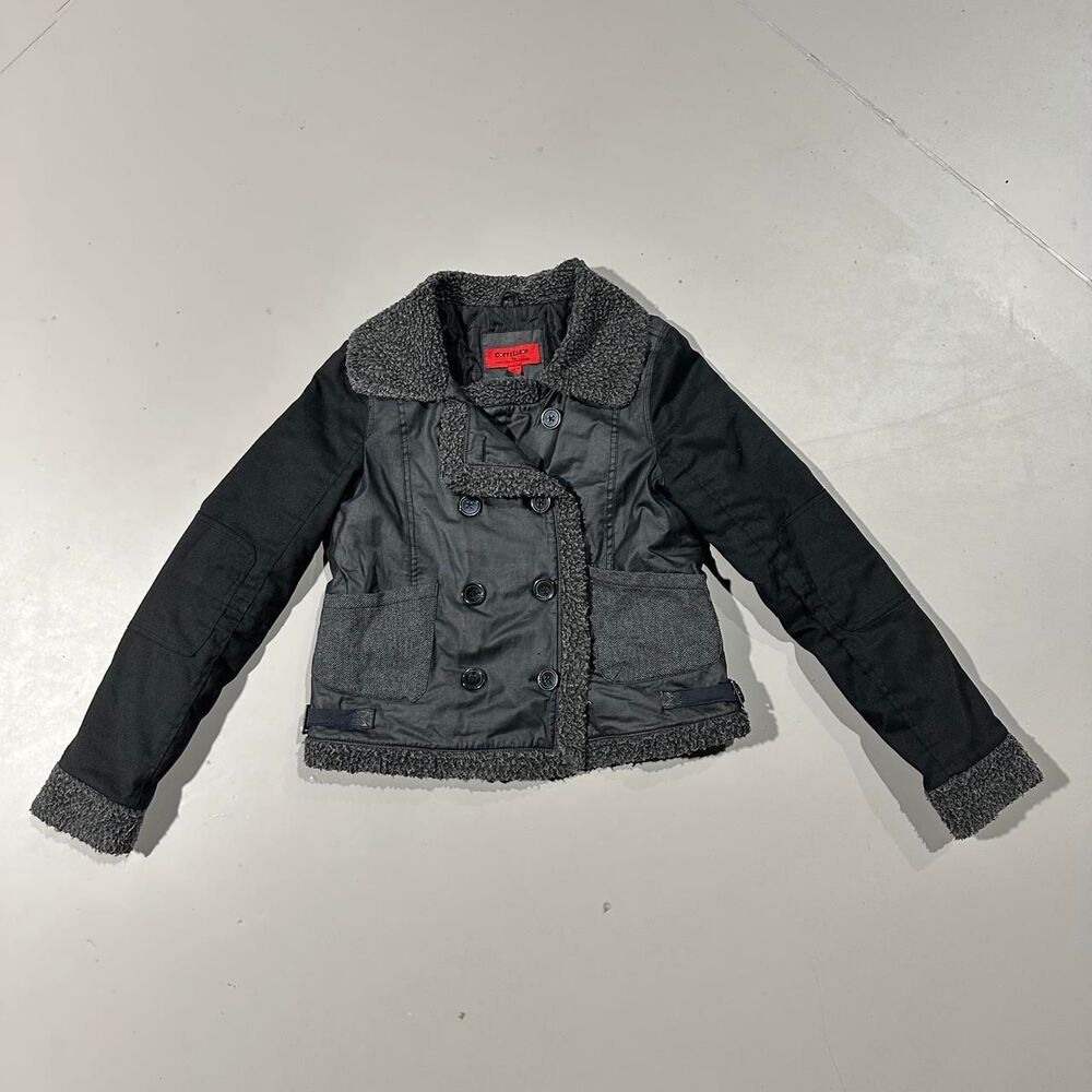 Coffee Shop Black and Grey Double Breasted Pea Coat with Fur Trim